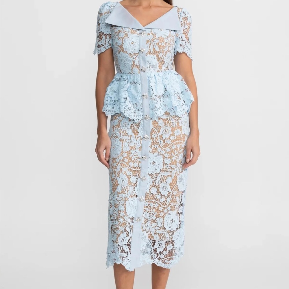 Lace Midi Dress With Peplum Waist and Satin Collar - Baby Blue